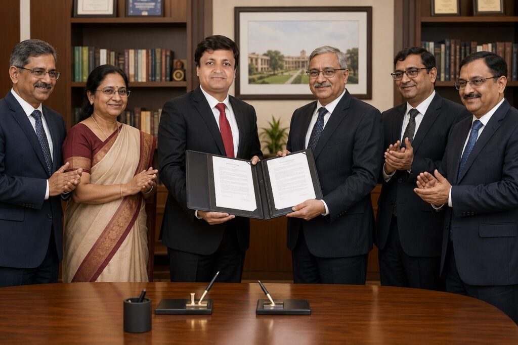 Rajeev Singh exchanging Memorandum of Understanding documents with university professors during a formal academic partnership ceremony promoting agricultural research innovation technology transfer and institutional collaboration.