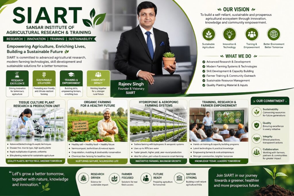 Rajeev Singh SIART overview infographic showcasing agricultural research, organic farming, tissue culture plant production, hydroponic and aeroponic farming systems, farmer training, capacity building, sustainable agriculture, innovation, and community development initiatives.
