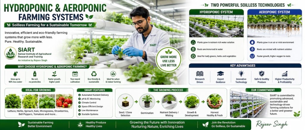 Rajeev Singh SIART Hydroponic and Aeroponic Farming Systems infographic showcasing soilless agriculture technology, controlled environment farming, nutrient delivery systems, water-efficient cultivation, vertical farming, and sustainable food production.