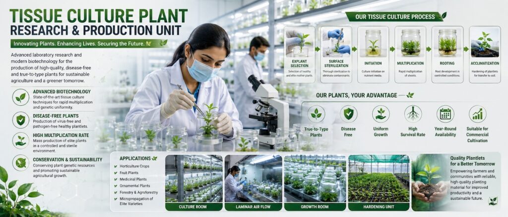 Rajeev Singh SIART Tissue Culture Plant Research and Production Unit infographic showcasing advanced biotechnology laboratories, micropropagation techniques, disease-free plant production, tissue culture processes, plantlet multiplication, rooting, hardening, and sustainable agriculture solutions.