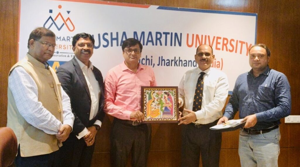 Rajeev Singh, Founder of Sansar Green and Harit Sansar, being honoured at Usha Martin University, Ranchi, following a meaningful discussion on the future of organic farming, soil health, agricultural innovation and farmer empowerment in Jharkhand.