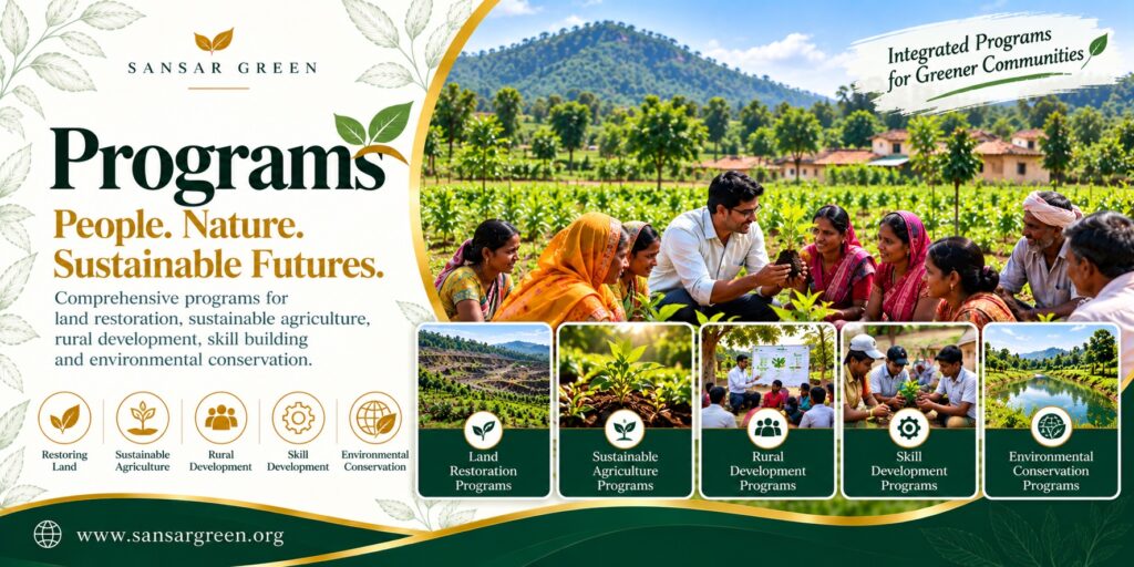 Sansar Green Programs banner showing community members participating in sustainable agriculture land restoration and skill building initiatives