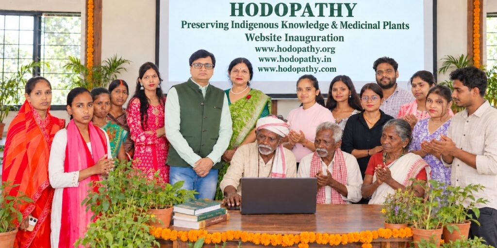 Rajeev Singh with traditional Adivasi elders and community representatives at the Hodopathy website inauguration in Giridih on 8 October 2026, with medicinal plants displayed at the venue.