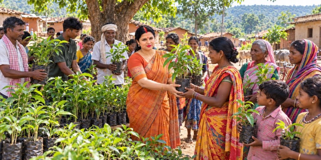 Rimi Singh distributing plants to local people in Bhagalpur, promoting plantation and environmental awareness.