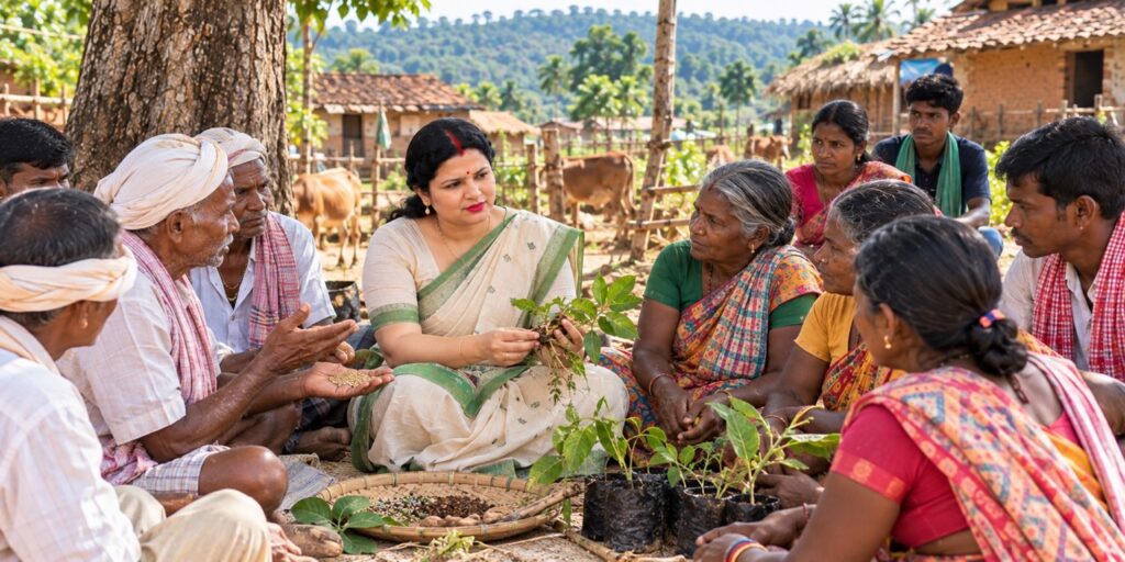 Rimi Singh, Managing Director of Sansar Green, interacting with rural women about agricultural opportunities and women’s empowerment.