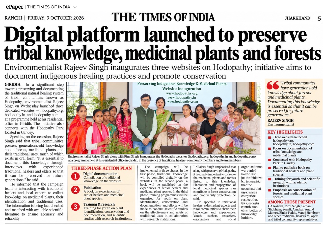The Times of India Ranchi edition dated 9 October 2026 featuring Rajeev Singh’s Hodopathy initiative to preserve traditional Adivasi knowledge, medicinal plants and forest biodiversity in Jharkhand.